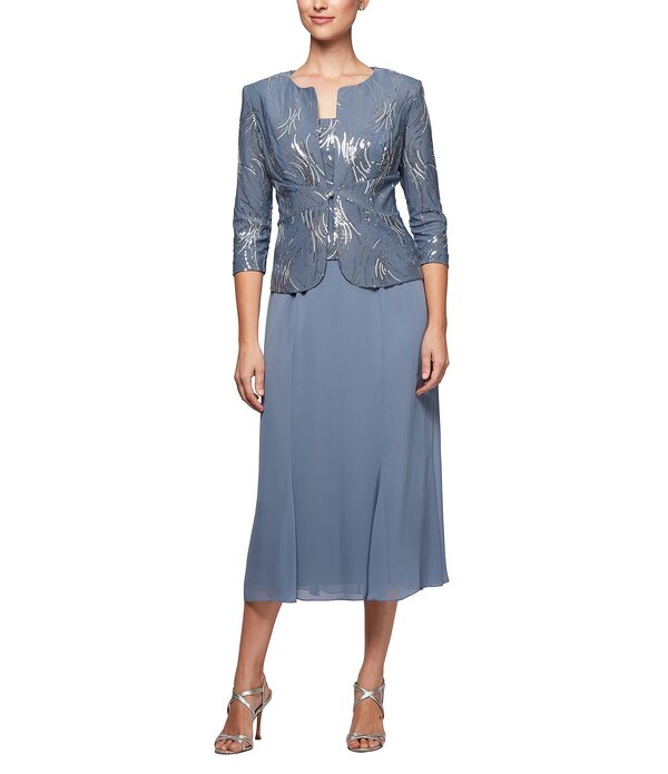 アレックスイブニングス レディース トップス ワンピース シフォン プチ スパンコール ジャケット Alex Evenings Petite Size Square Neck 3/4 Sleeve Sequin Chiffon 2 Piece Jacket Dressteel Blue ブルー