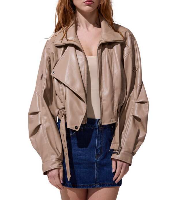 アザレア ワン レディース アウター コート レザー フェイクレザー ジャケット Azalea Wang Papoose Soft Faux Leather Envelope Collar Belted Oversize Fit Moto Jacket Beige ベージュ