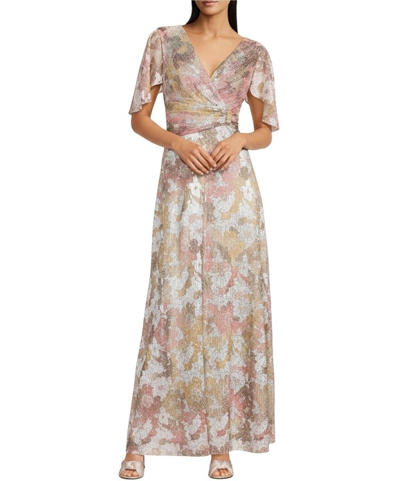 アールアンドエムリチャーズ レディース トップス ワンピース プチ プリント シアー ニット R & M Richards Petite Size Foil Print Crinkle Sheer Knit Flutter Sleeve Gown Pink/Multi ピンク|ReVida 店