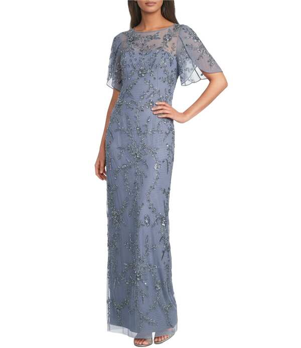 アドリアナ パペル レディース トップス ワンピース メッシュ Adrianna Papell Beaded Mesh Tulip Sleeve Boat Neck Column Longown Cool Wisteria|ReVida 店