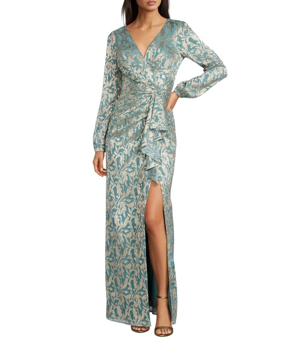 アドリアナ パペル レディース トップス ワンピース プリント フリル トール ニット Adrianna Papell Metallic Foil Print Crinkle Knit Surplice Neck Long Sleeve Ruffle Gown Mint Gold ミント