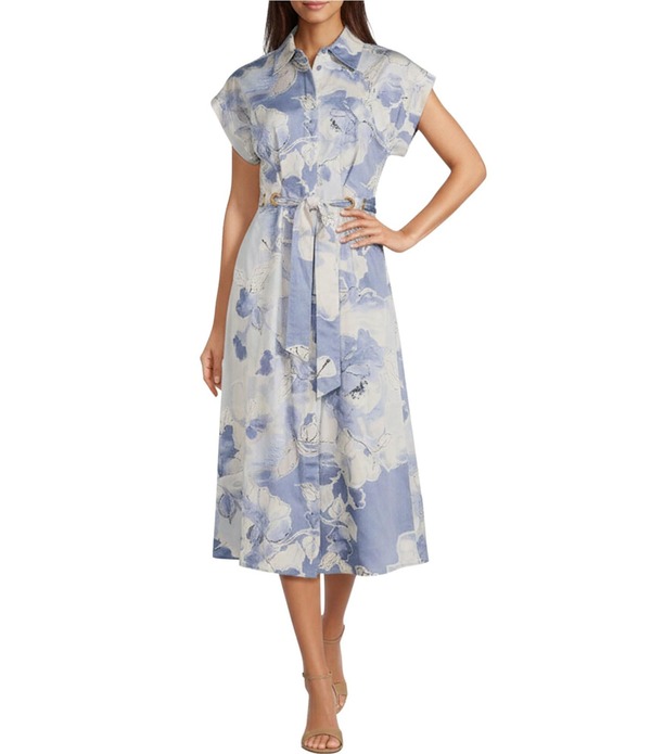 ダナキャラン レディース トップス ワンピース フラワー柄 プリント ミディ Tシャツ コットン フラワー Donna Karan Floral Print Cotton Sateen Short Sleeve Midi Belted Shirt Dress Tempest|ReVida 店