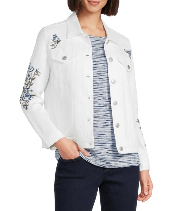 イントロ レディース アウター コート 刺繍 デニム ジャケット Intro Embroidered Garden Point Collar Long Sleeve Button-Front Denim Jacket Bright White ホワイト|ReVida 店