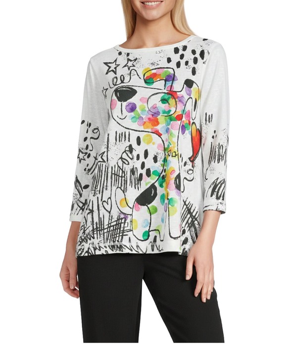 アリ マイルス レディース トップス カットソー プチ Ali Miles Petite Size Novelty Doodle Dog Round Neck 3/4 Sleeve Tunic Multi Abstract マルチカラー 16,316円