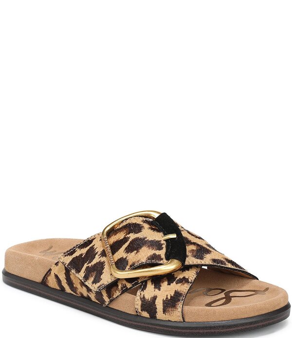 サムエデルマン レディース シューズ サンダル プリント Sam Edelman Darla Leopard Print Calf Hair Cross Buckle Hardware Slide Sandals Cyprus Tan Multi タン|ReVida 店