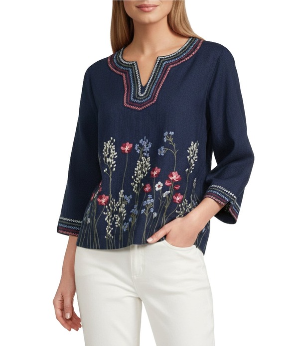 ジョン マーク レディース トップス シャツ Vネック フラワー柄 プチ リネン フラワー John Mark Petite Size Linen Blend Embroidery Border Floral Split V-Neck 3/4 Sleeve Tunic Navy ネイビー｜ReVida 店