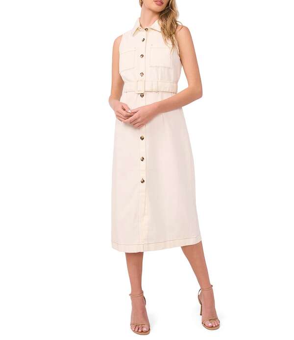 ヴィンスカムート レディース トップス ワンピース シャツ ノースリーブ Vince Camuto Woven Point Collar Sleeveless Belted Shirt Dress Antique White ホワイト｜ReVida 店