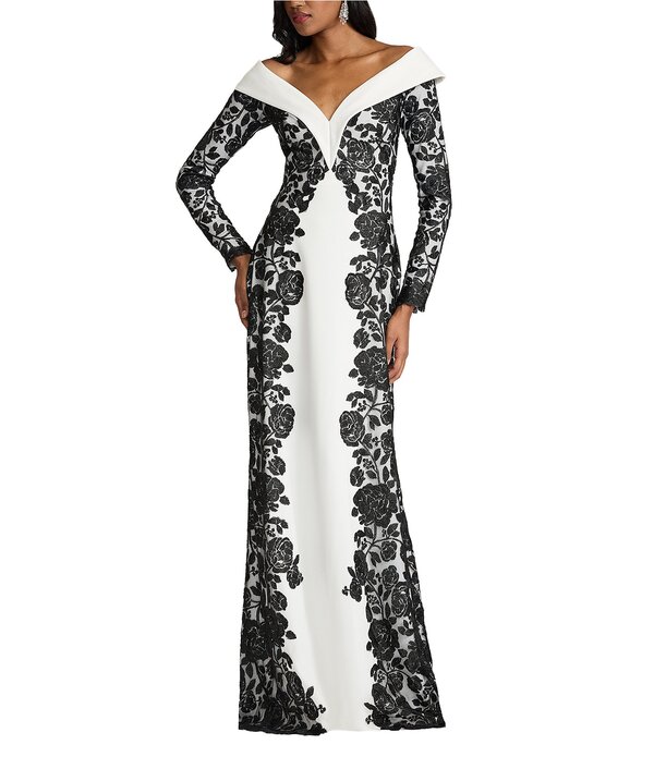 タダシショージ レディース トップス ワンピース クレープ 刺繍 レース Tadashi Shoji Portrait Collar Long Sleevembroidered Lace Textured Crepe Gown Black/Ivory アイボリー