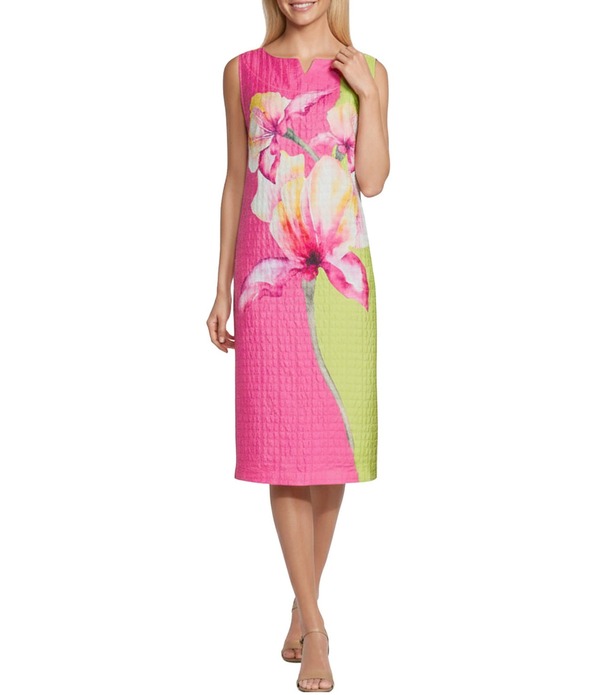 アイシーコレクション レディース トップス ワンピース プリント ミディ ノースリーブ ICollection Textured Watercolor Flower Print Boat Neck Sleeveless Midi Shift Dress Pink ピンク