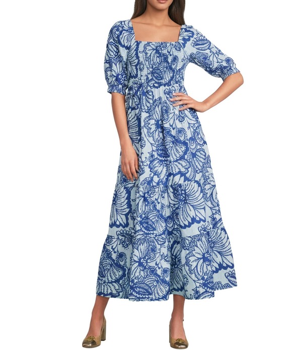 リリーピュリッツァー レディース トップス ワンピース プリント ミディ Lilly Pulitzer Hadly Printed Poplin Square Neck Short Puff Sleeve Fit-And-Flare Midi Dresstarlight