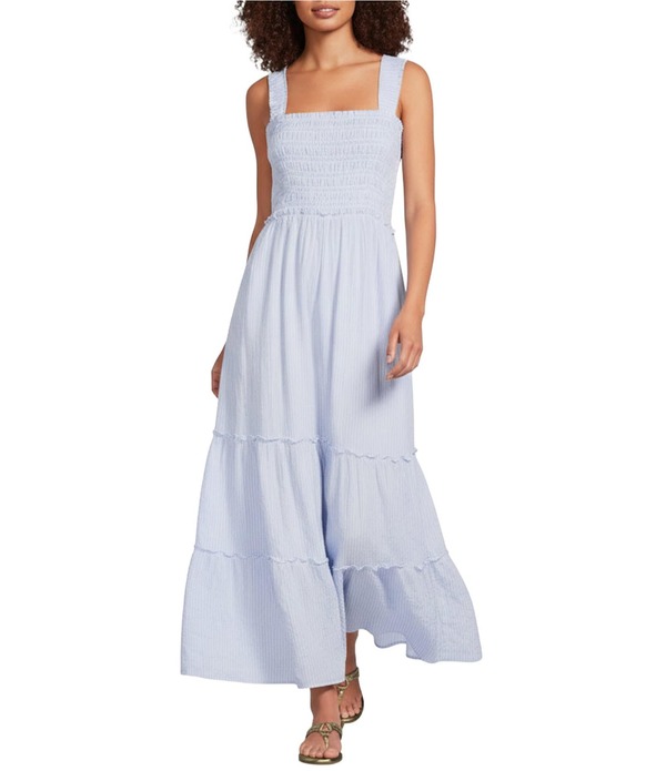 リリーピュリッツァー レディース トップス ワンピース ティアード オックスフォード ノースリーブ マキシ Lilly Pulitzer Hadly Oxford Stripe Square Neck Sleeveless Tiered Fit-And-Flare Maxi Dress Jacaranda ストライプ
