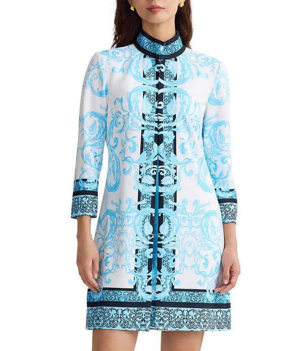 ミンウォン レディース アウター コート クレープリント ジャケット Ming Wang Printed Stretch Deco Crepe Stand Collar Bracelet Sleeve Jacket Serene/White/Black ホワイト