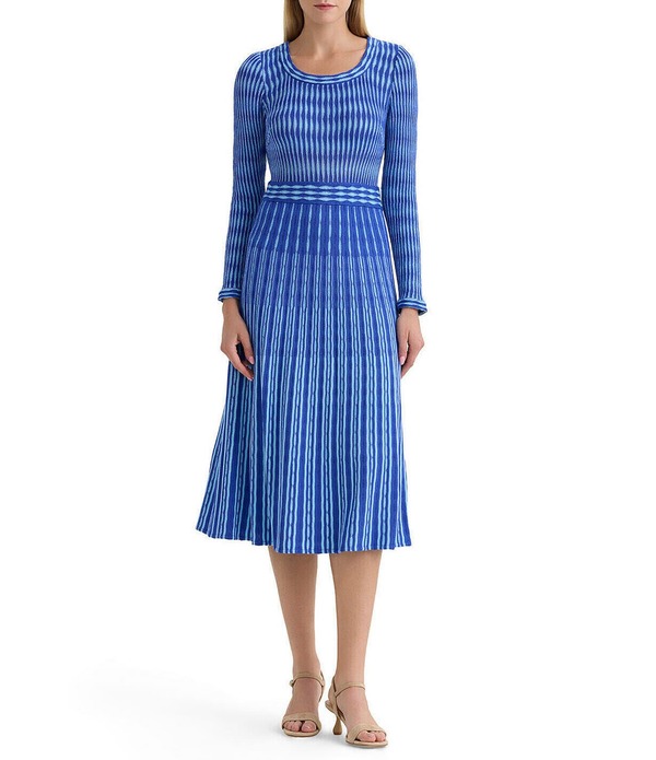 ミンウォン レディース トップス ワンピース ミディ ニット Ming Wang Tonal Pointelle Knit Scoop Neck Long Sleeve Fit-And-Flare Midi Dressapphire Sea/Serene サファイア