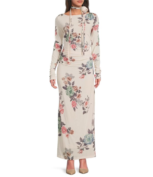 マレーラ レディース トップス 衣装 御花柄 刷り上げる プルオーバー マキシ 御花 Marella Millghiglia Floral Print Jersey Boat Neck Long Sleeve Shift Maxi Dress Powder