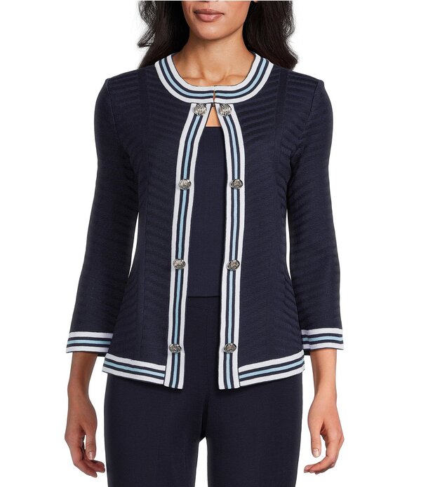 ミンウォン レディース アウター コート クルーネック ニット ジャケット Ming Wang Heritage Tonal Herringbone Knit Crew Neck Long Sleeve Jacket Indigo/Serene/White ホワイト