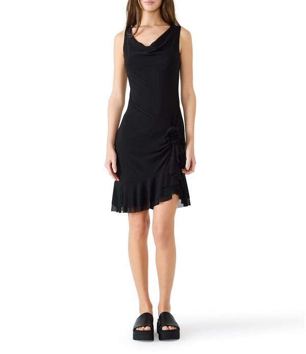 スティーブ マデン レディース トップス ワンピース フリル裾 アシンメトリー フリル メッシュ ノースリーブ Steve Madden Wallis Mesh Cowl Neck Sleeveless Asymmetrical Ruffle Hem Sheath Dress Black ブラック