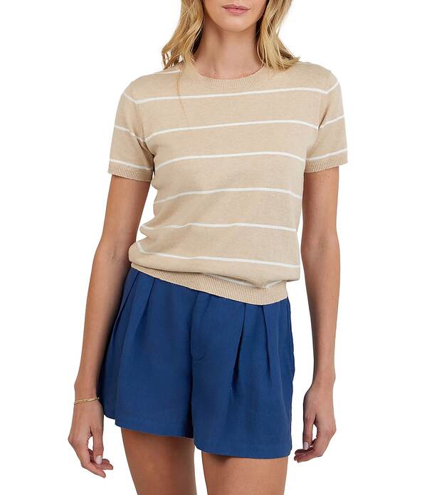 ベラダール レディース アウター ニット・セーター クルーネック Bella Dahl Cashmere Blend Knit Striped Crew Neck Short Sleeve Top Sand Bar Stripe サンド