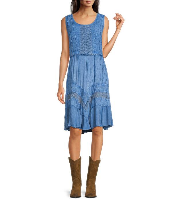 スカーリー レディース トップス ワンピース ノースリーブ 刺繍 Scully Scoop Neck Sleeveless Embroidered Tank Dress Light Denim デニム｜ReVida 店