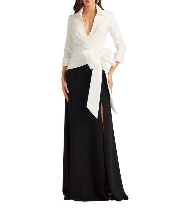 タダシショージ レディース トップス ワンピース クレープ A ライン Tadashi Shoji Taffeta Textured Crepe Long Sleeve Mock Wrap Front Bow A Line Gown White/Black ホワイト 80,190円