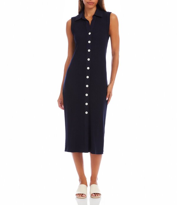 カレンケーン レディース トップス ワンピース リブ ミディ ノースリーブ コントラスト ニット Karen Kane Ribbed Knit Contrast Collar Sleeveless Button Front Sheath Midi Dress Navy ネイビー