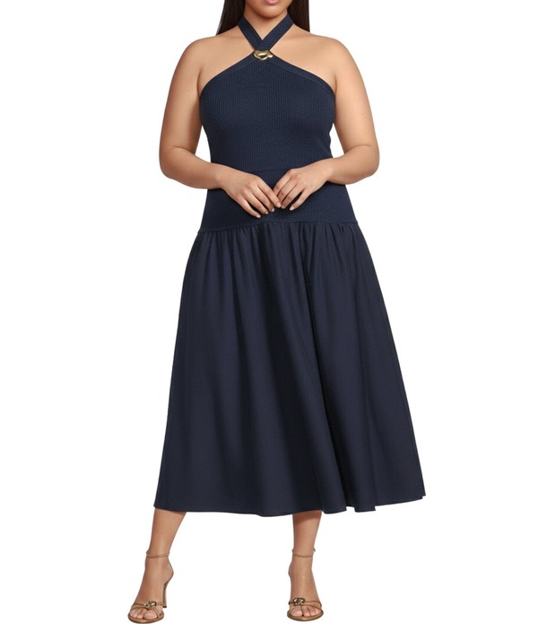 ルーシーパリ レディース トップス ワンピース プラスサイズ ミディ ノースリーブ ホルター Lucy Paris Plusize Areella Halter Neck Sleeveless Mixed Media Midi Dress Navy ネイビー