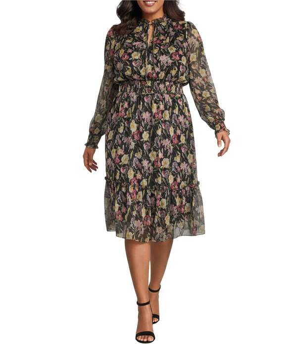 ルーシーパリ レディース トップス ワンピース Vネック フラワー柄 プラスサイズ プリント ミディ フラワー Lucy Paris Plusize Dallas Floral Print V-Neck Long Sleeve Midi Dress Black Multi ブラック|ReVida 店