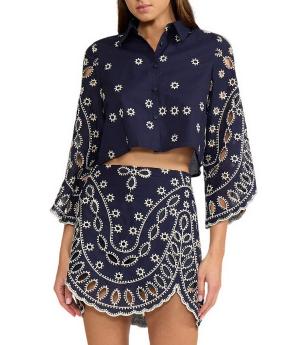 ルーシーパリ レディース トップス シャツ 刺繍 Lucy Paris Fallon Embroidered Eyelet Point Collar Long Sleeve Coordinating Button Frontop Navy ネイビー