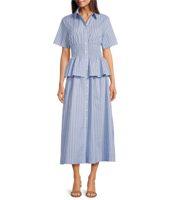 ルーシー光の都市 レディース トップス 衣装 プルオーバー Lucy Paris Teagan Stripped Point Collar Short Sleeve Peplum Waist Shirt Dressky Blue 青み