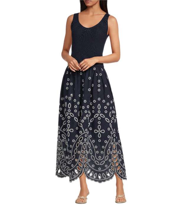 ルーシーパリ レディース トップス ワンピース プチ ミディ ノースリーブ Lucy Paris Petite Size Cara Scoop Neck Sleeveless Eyelet Mixed Media Midi Dress Navy ネイビー
