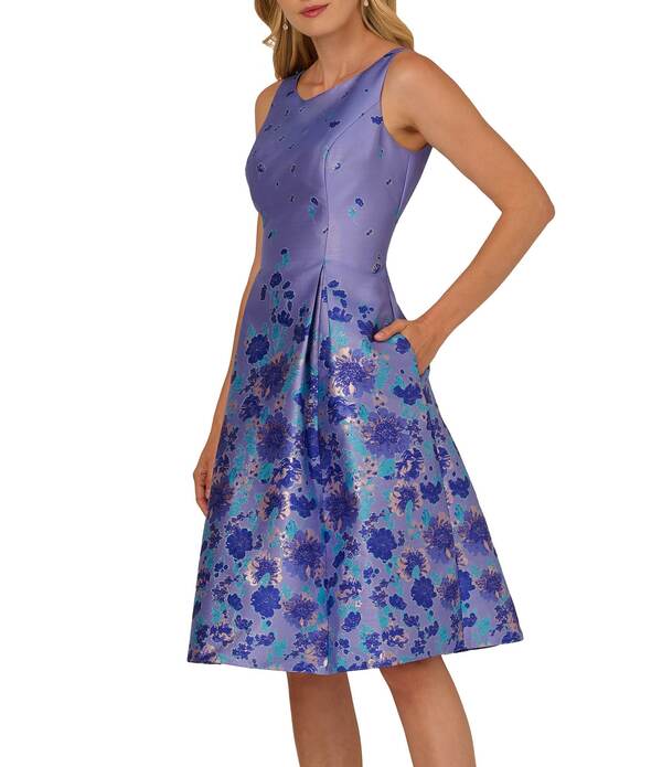アドリアナ パペル レディース トップス ワンピース ひざ丈 フラワー柄 トール フラワー Adrianna Papell Metallic Floral Border Fit-And-Flare Jacquard Knee Length Dress Blue Multi ブルー