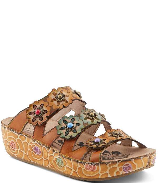 ラリティステ レディース シューズ サンダル プラットフォーム レザー L'ARTISTE Cuddlecake Leather Flower Applique Platform Wedge Slide Sandals Camel Multi キャメル