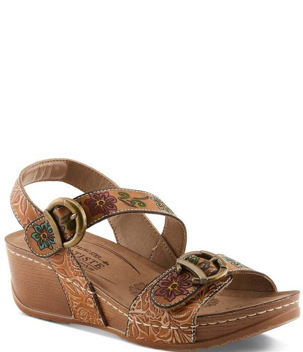 ラリティステ レディース シューズ サンダル フラワー柄 レザー フラワー L'ARTISTE Gottaget Floral Embossed Leather Wedge Sandals Tan Multi タン