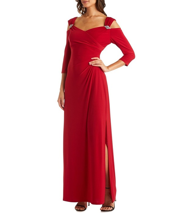 アールアンドエムリチャーズ レディース トップス ワンピース プチ R & M Richards Petite Size Cold Shoulder 3/4 Sleeve Longown Red レッド