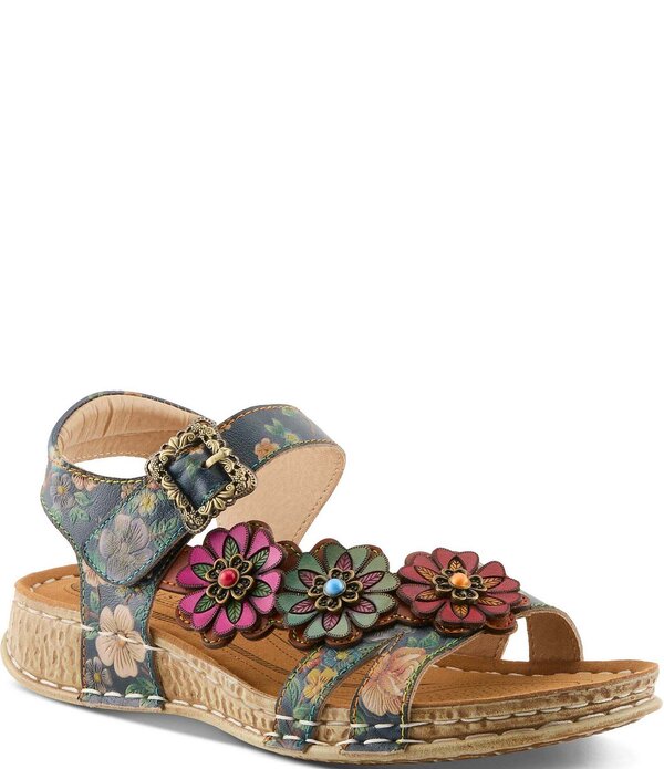 ラリティステ レディース シューズ サンダル フラワー柄 レザー フラワー L'ARTISTE Offcenter Leather Floral Motif Sandals Navy Multi ネイビー