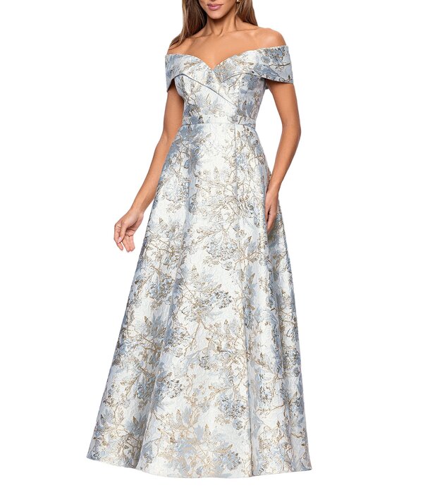 エスケープ レディース トップス ワンピース A ライン フラワー柄 プチ プリント フラワー Xscapetite Size Brocade Floral Print Sweetheart Neck Short Sleeve A-Line Gown Blue/Gold ブルー