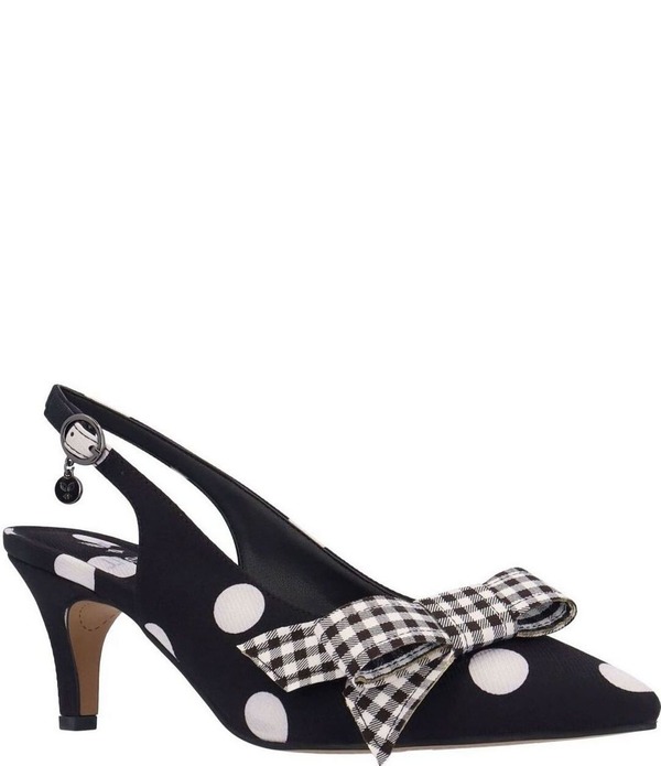 ジェイレニー レディース シューズ 踵 点点柄 ギンガム照合のしるし 点点 ギンガム J. Renee Taylin Polka Dot Slingback Pointed Toe Kitten Heel Gingham Bow Pumps Black/White Polka Dot 白いこと