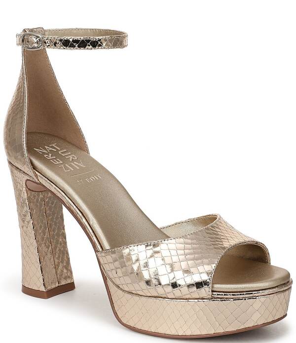 ナチュライザー レディース シューズ サンダル プラットフォーム トール アンクル レザー Naturalizer 27 EDIT Delphiembossed Metallic Leather Ankle Wraplatform Dressandals Light Champagne シャンパン|ReVida 店