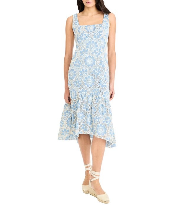 マギーロンドン レディース トップス ワンピース ミディ ノースリーブ レース Maggy London Square Neck Sleeveless Lace High Low Midi Dress Blue/Cream クリーム