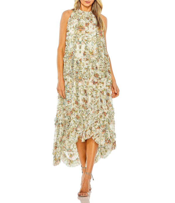 マックダガル レディース トップス ワンピース ハイネック フラワー柄 フリル ミディ ノースリーブ フラワー Mac Duggal Sleeveless High Neck Lattice Ruffle Floral Midi Dress Ivory Multi アイボリー｜ReVida 店