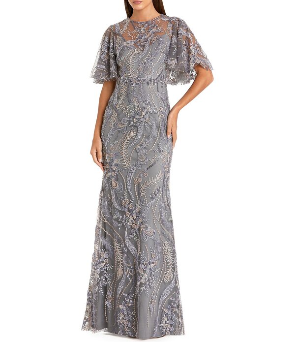 マックダガル レディース トップス 衣装 ハイネック 御花柄 刺しゅう 御花 Mac Duggal High Neck Flutter Sleeve Floral Embroidered Longown Charcoal 濃灰色