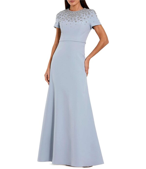 マックダガル レディース トップス ワンピース クレープ ハイネック Mac Duggal Short Sleeve Beaded High Neck Crepe Gown Powder Blue ブルー