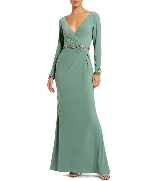 マックダガル レディース トップス 衣装 Vのど首 プルオーバー Mac Duggal Jersey Long Sleeve V Neck Beaded Belt Gown Sage サルヴィア
