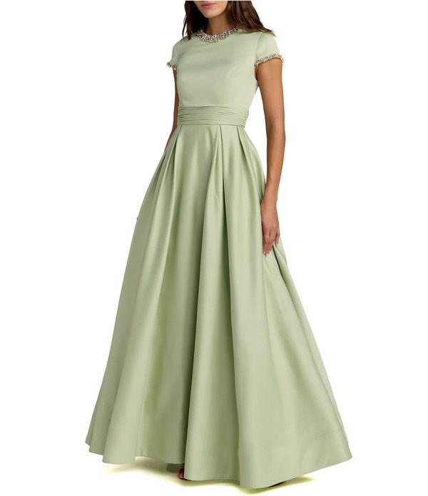 マックダガル レディース トップス ワンピース サテン キャップ Mac Duggal Embellished Satin Cap Sleeve Longown With Pocketsage セージ｜ReVida 店