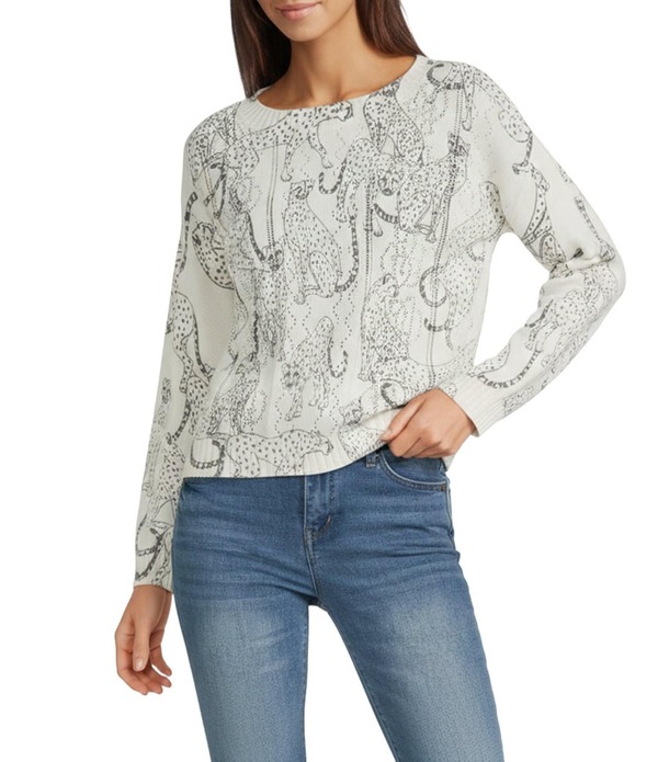 デモクラシー レディース アウター ニット・セーター アニマル柄 プリント リブ Democracy Animal Print Ribbed Boat Neck Long Sleeve Sweater Off White/Charcoal オフホワイト