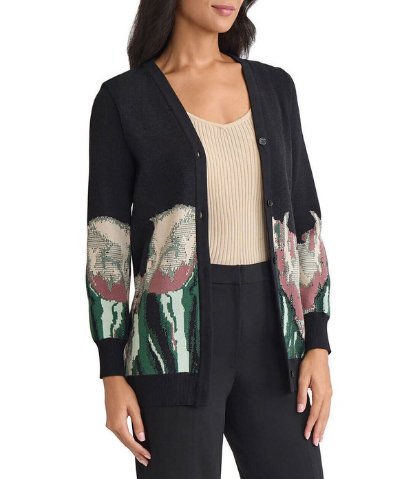 ミソック レディース アウター ニット・セーター Vネック フラワー柄 カーディガン フラワー MISOOK Relaxed Floral Jacquard Knit V-Neck Cardigan Dark Ivy/Black/Multi ブラック