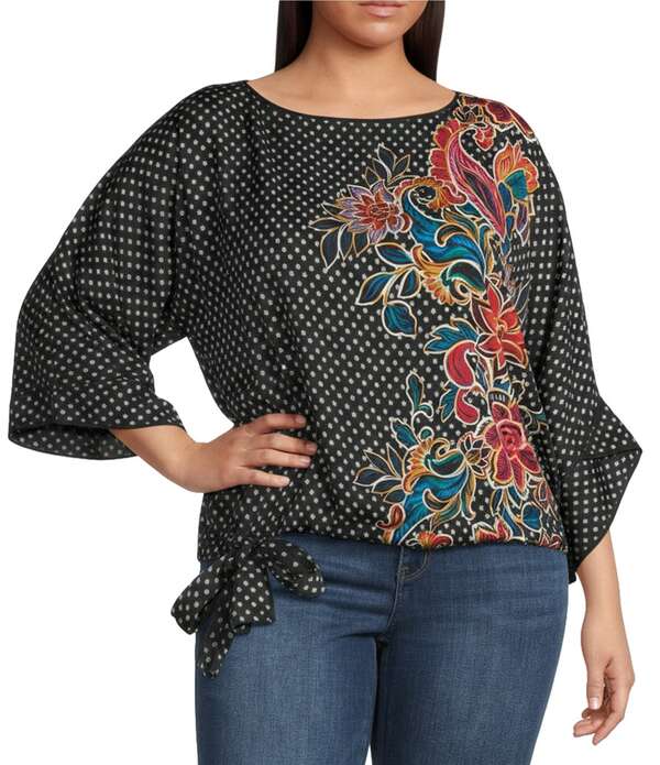 デモクラシー レディース トップス シャツ プラスサイズ プリント レース Democracy Plusize Woven Placement Print Boat Neck 3/4 Dolman Sleeve Bubble Hem Top Black/Ivory Multi アイボリー