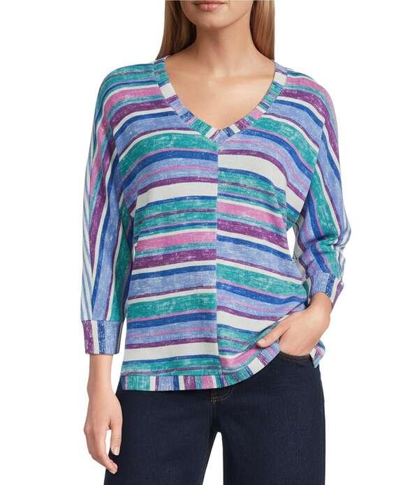 イントロ レディース アウター ニット・セーター Vネック Intro Stripe V-Neck 3/4 Sleeve Washed Knit Sweateriviera/Distress Look ストライプ