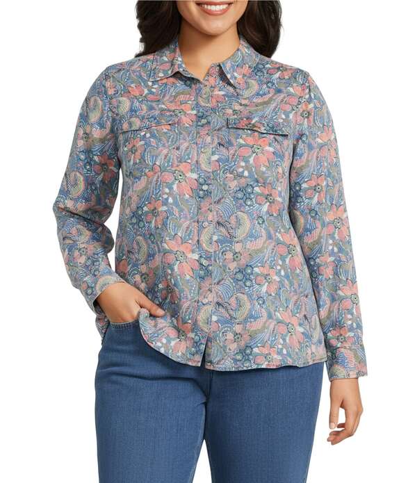 イントロ レディース トップス シャツ フラワー柄 プラスサイズ フラワー Intro Plusize Woven Floral Point Collar Long Sleeve Western Shirt Sunwash Multi マルチカラー