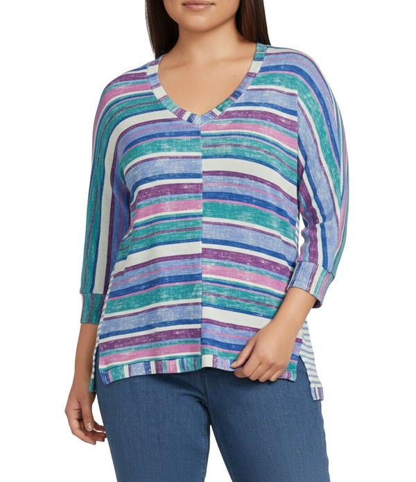 イントロ レディース アウター ニット・セーター Vネック プラスサイズ Intro Plusize Stripe V-Neck 3/4 Sleeve Washed Knit Sweateriviera/Distress Look ストライプ