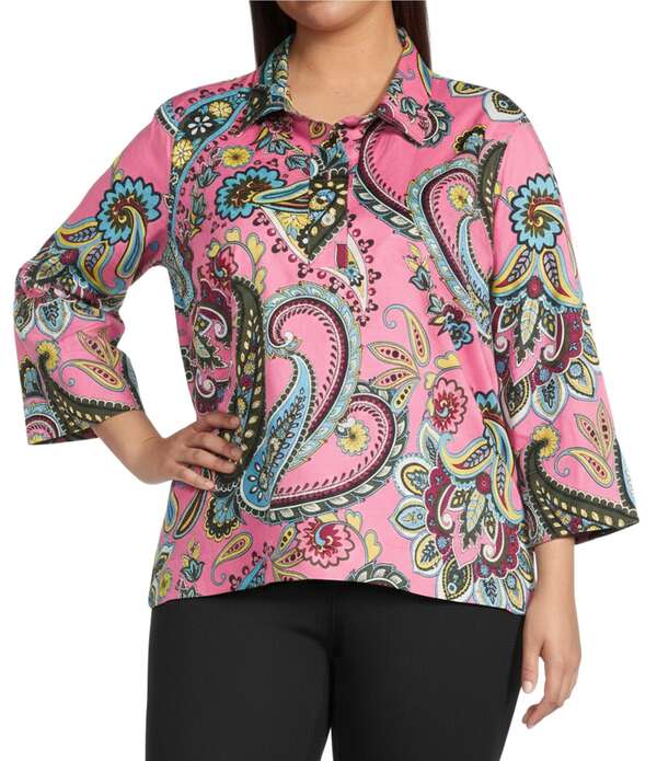 アリ マイルス レディース トップス シャツ プラスサイズ プリント Ali Miles Plusize Woven Paisley Mulit Print Point Collar 3/4 Cuff Sleeve Tunic Paisley Multi マルチカラー